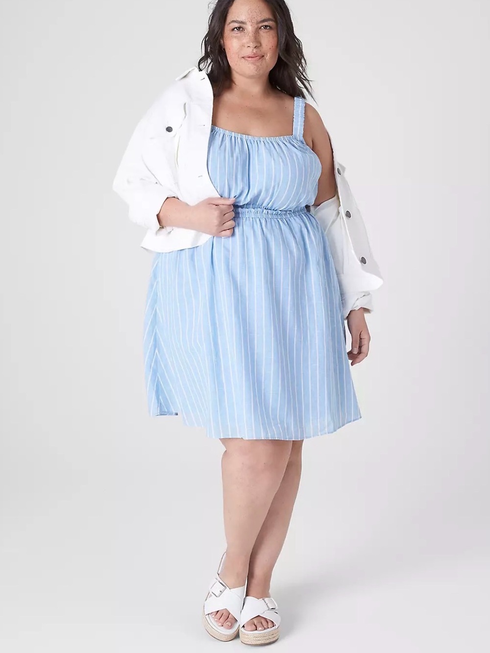 Lane Bryant Blue Stripe Linen Blend Ruched Strap Double Elastic-Waist Dress 16
